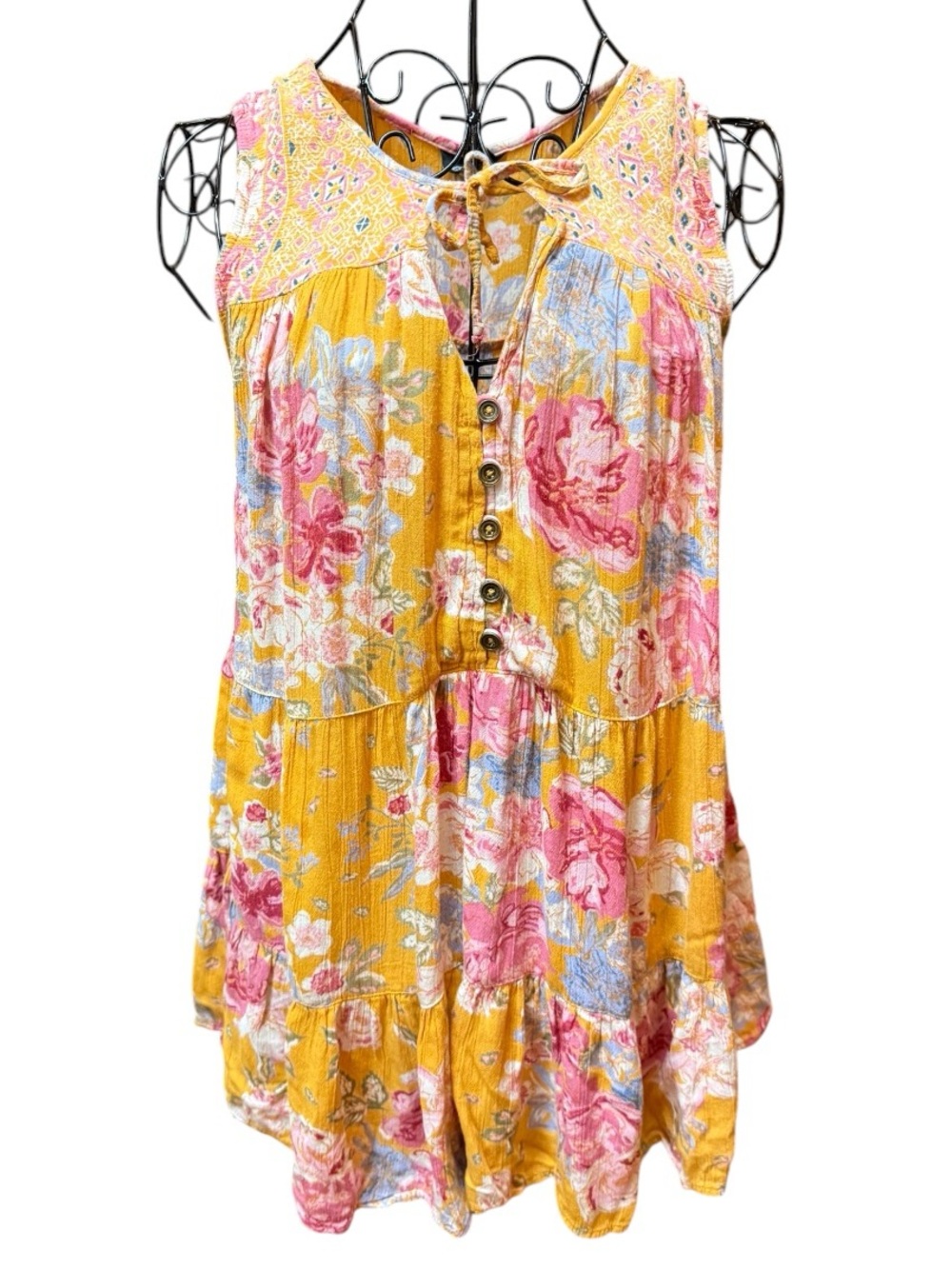 Angie Yellow Floral Sleeveless Boho Tie-Neck Tunic